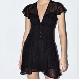 Zara Black Sheer Dot V-Neck Mini Dress Small
